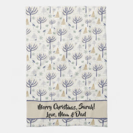 金ゴールドシルバーのクリスマスツリーライトとオーナメント キッチンタオル