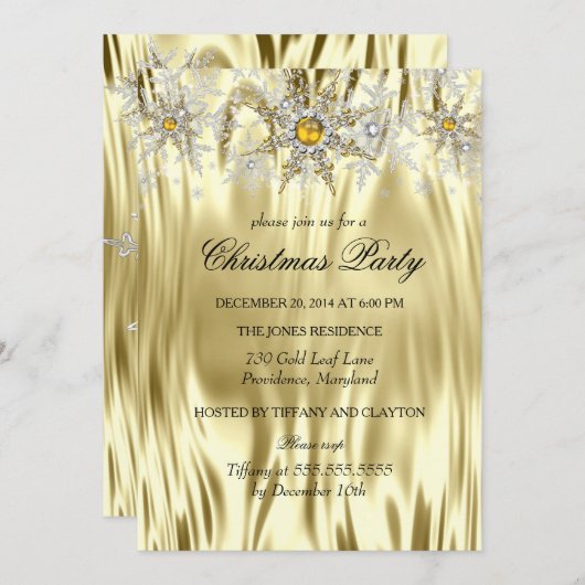 金ゴールドシルバーウィンターワンダーランドクリスマスパーティー 招待状 (正面/裏面)
