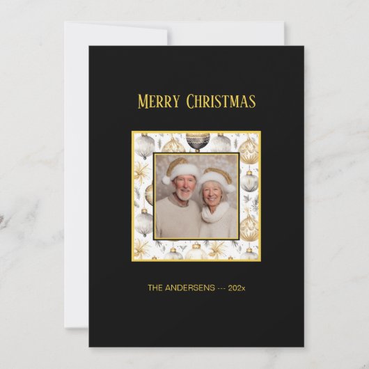 金ゴールドシルバーオーナメントブラックフォトクリスマスカード シーズンカード (正面)