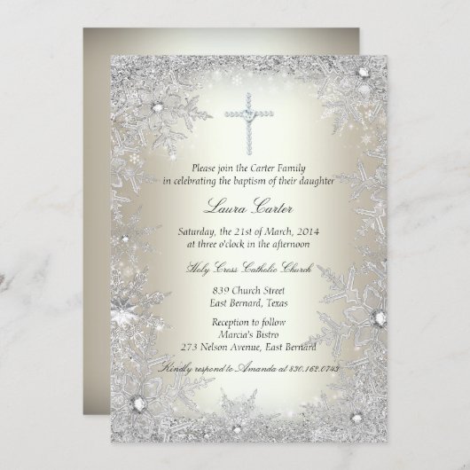 金ゴールドシルバークリスタルスノーフレーク洗礼/《キリスト教》洗礼式や命名式 招待状 (正面/裏面)