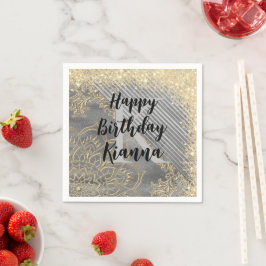 金ゴールドシルバーグリッターマンダラモノグラム誕生日 スタンダードカクテルナプキン