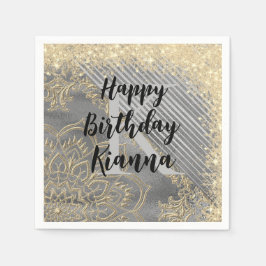 金ゴールドシルバーグリッターマンダラモノグラム誕生日 スタンダードカクテルナプキン