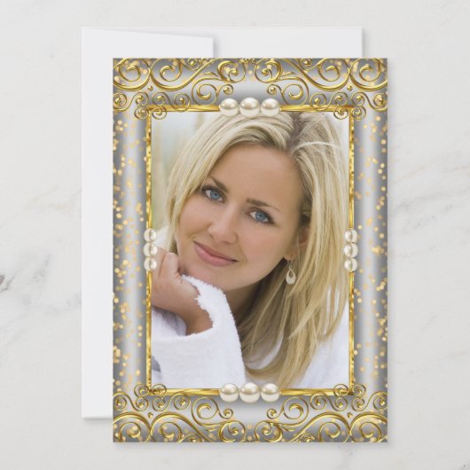 金ゴールドシルバーグレーホワイトパールフォトバースデーパーティー 招待状 (裏面)