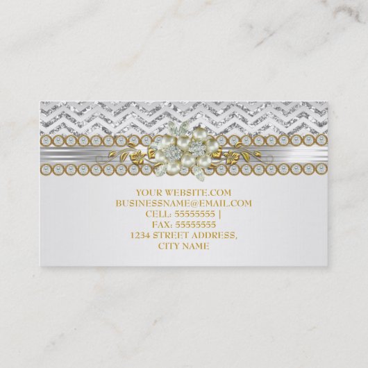 金ゴールドシルバーシェブロンホワイトダイヤモンドパールフローラ 名刺 (裏面)