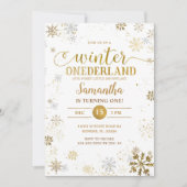 金ゴールドシルバースノーフレークスファースト誕生日 招待状 (正面)