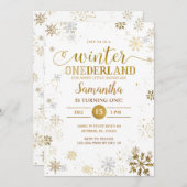 金ゴールドシルバースノーフレークスファースト誕生日 招待状 (正面/裏面)