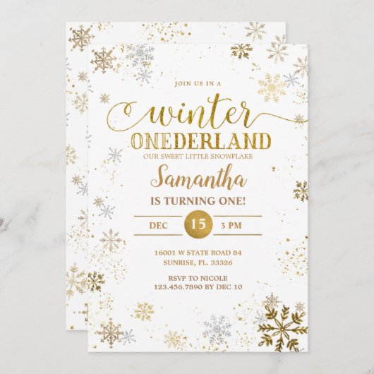金ゴールドシルバースノーフレークスファースト誕生日 招待状 (正面/裏面)
