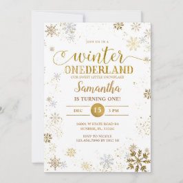 金ゴールドシルバースノーフレークスファースト誕生日 招待状