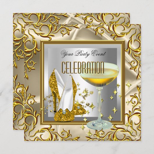 金ゴールドシルバーハイヒールシューズシャンパン 招待状 (正面/裏面)