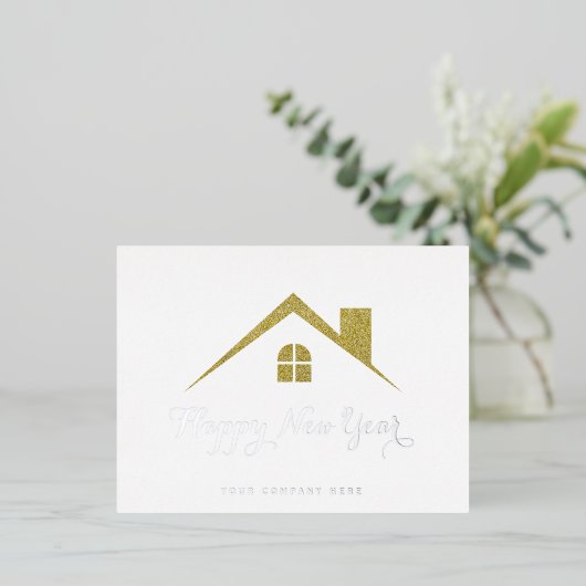 金ゴールドシルバーハッピーニューイヤー実在エステート 箔シーズンポストカード (立ち正面)