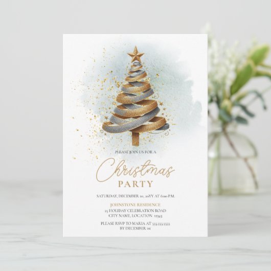 金ゴールドシルバーフェイクグリッターツリークリスマスパーティー 招待状 (スタンド正面)