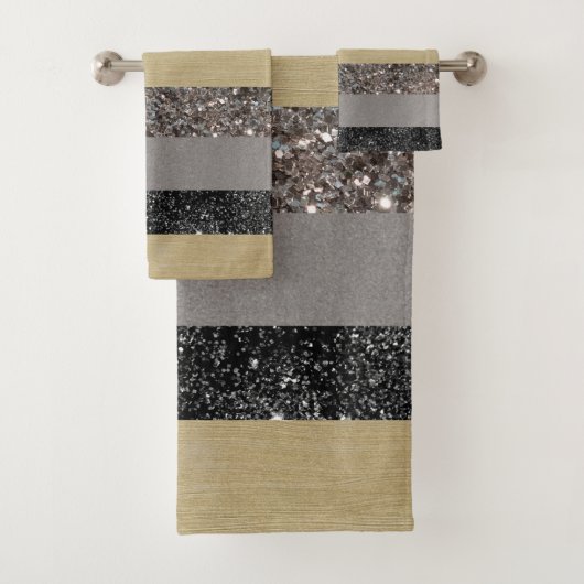 金ゴールドシルバーブラックグリッターグラムストライプズ#1 バスタオルセット (インサイチュ)
