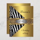 金ゴールドシルバーブラックゼブラヒョウ35誕生日 招待状 (正面/裏面)