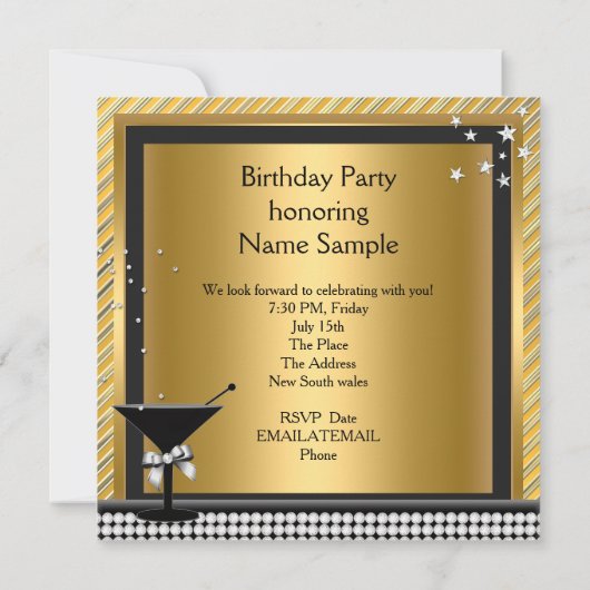 金ゴールドシルバーブラックマルティーニ誕生日パーティー 招待状 (裏面)