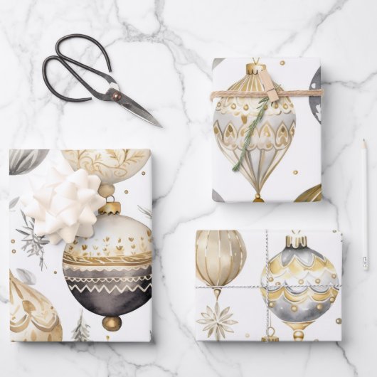 金ゴールドシルバーブラックヴィンテージクリスマスオーナメント ラッピングペーパーシート (正面)