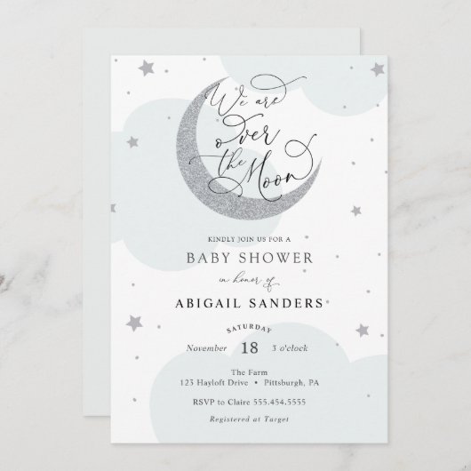 金ゴールドシルバーブルーベビーシャワーの招待状の上 招待状 (正面/裏面)