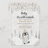 金ゴールドシルバーペンギン赤ちゃんシャワー 招待状 (正面/裏面)