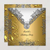 金ゴールドシルバーホワイトエレガントバースデーパーティー 招待状 (正面/裏面)