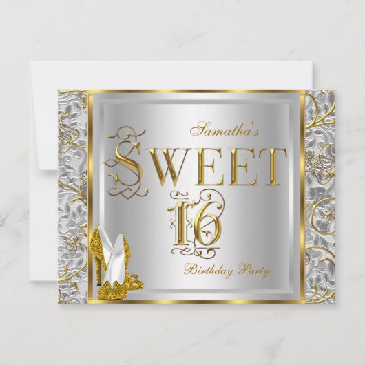金ゴールドシルバーホワイトSweet sixteenスウィート16パーティー 招待状 (正面)