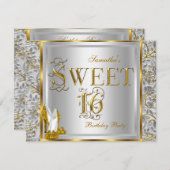金ゴールドシルバーホワイトSweet sixteenスウィート16パーティー 招待状 (正面/裏面)