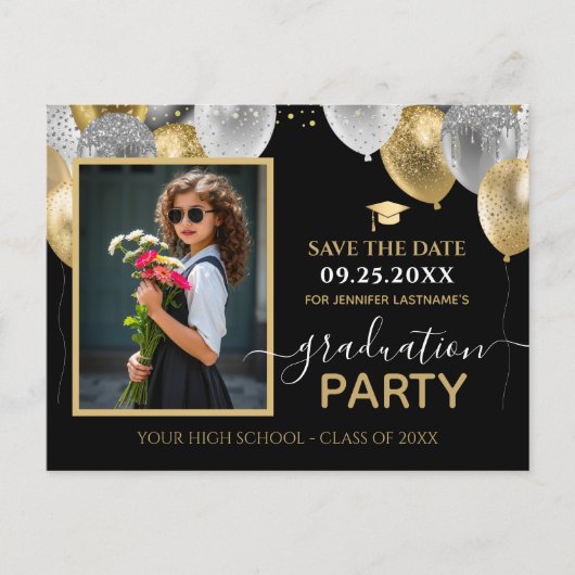 金ゴールドシルバー卒業パーティー写真セーブ日付 ポストカード (正面)