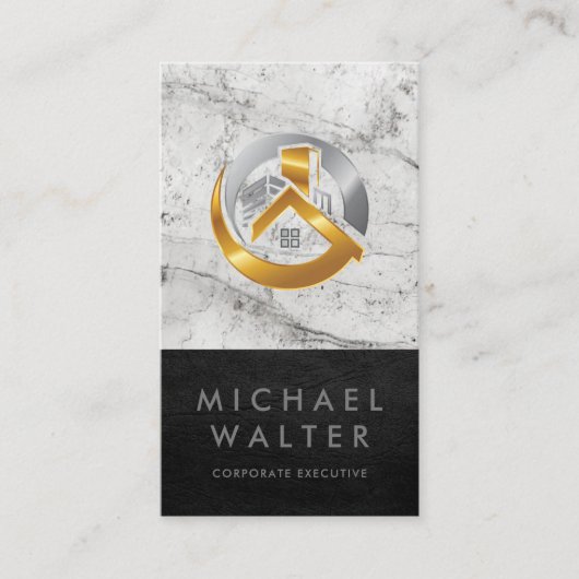金ゴールドシルバー実在エステートロゴ |大理石レザー 名刺 (正面)