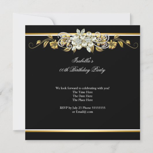 金ゴールドシルバー白黒ダイヤモンドパール誕生日5 招待状 (裏面)
