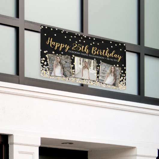 金ゴールドシルバー紙吹雪フォトコラージュ25位誕生日 横断幕 (ビルの外側)