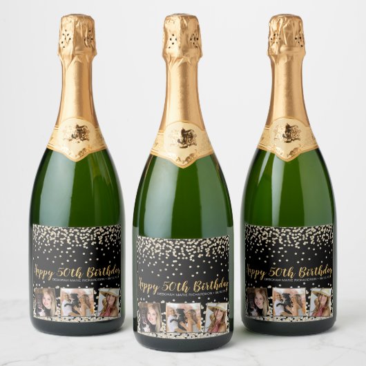金ゴールドシルバー紙吹雪フォトコラージュ50誕生日 スパークリングワインラベル (ボトル)