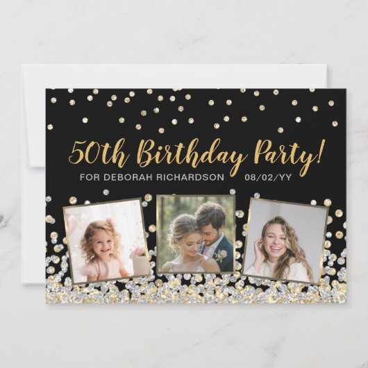 金ゴールドシルバー紙吹雪フォトコラージュ50誕生日 招待状 (正面)