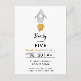 金ゴールドシルバー・ロケット船宇宙誕生日会 インビテーションポストカード