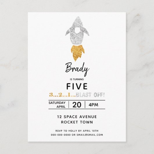 金ゴールドシルバー・ロケット船宇宙誕生日会 インビテーションポストカード (正面)