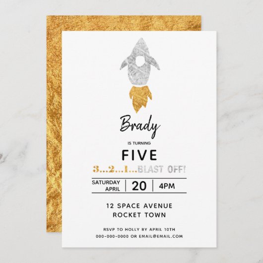 金ゴールドシルバー・ロケット船宇宙誕生日会 招待状 (正面/裏面)