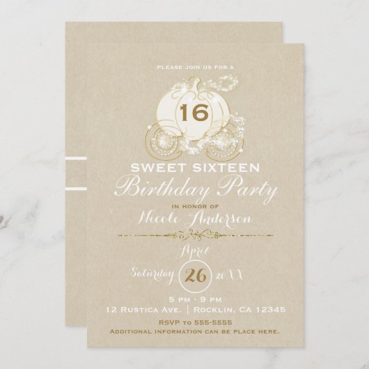 金ゴールドシンデレラキャリッジクラフトスウィート16誕生日 招待状 (正面/裏面)