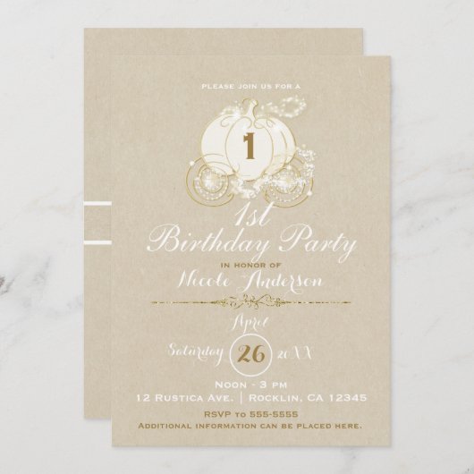 金ゴールドシンデレラキャリッジクラフト第1誕生日 招待状 (正面/裏面)