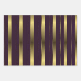 金ゴールドシンプルとブルゴーニュ紫色の幾何ストライプ ラッピングペーパーシート
