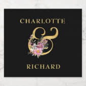 金ゴールドシンプルアンパサンドとピンク花模様 スパークリングワインラベル (シングルラベル)