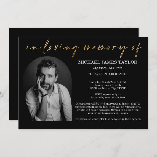 金ゴールドシンプルアーチの写真を愛の記憶の葬儀で 招待状 (正面/裏面)