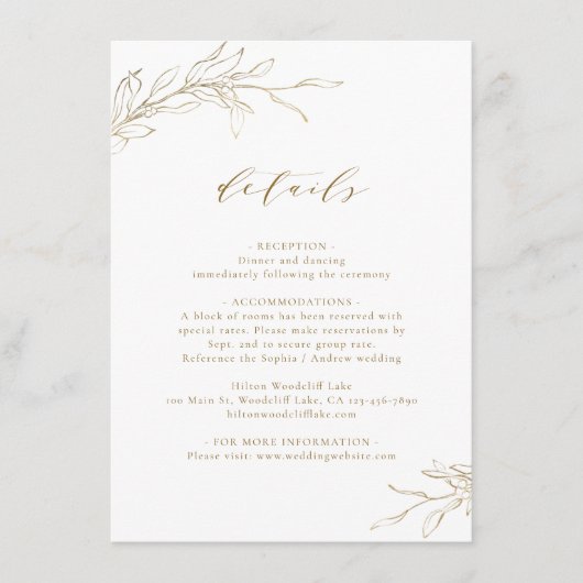 金ゴールドシンプルエレガンス植物学結婚詳細 エンクロージャーカード (正面)