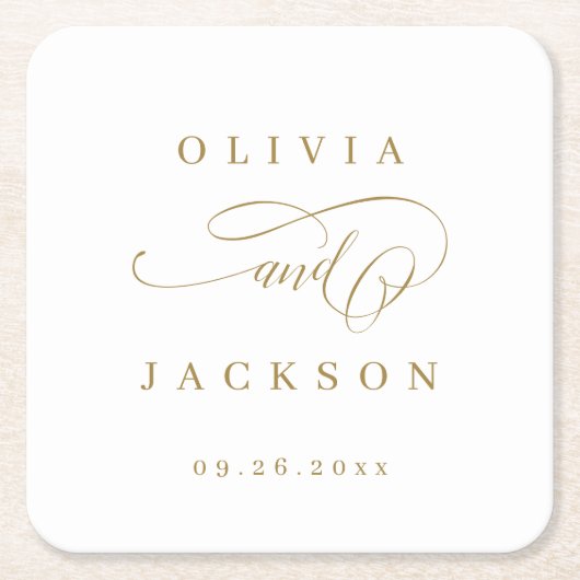 金ゴールドシンプルエレガントロマン結婚ト脚本 スクエアペーパーコースター (正面)