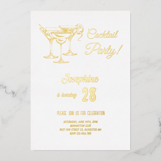 金ゴールドシンプルカクテルバースデーパーティー 箔招待状 (正面)