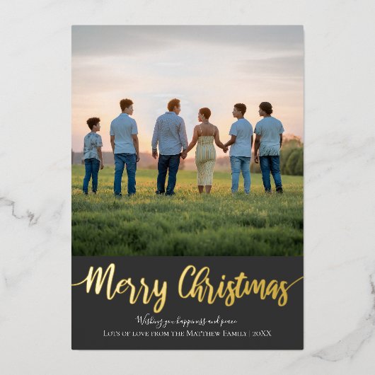金ゴールドシンプルクリスマスファミリーフォトホリデー 箔シーズンカード (正面)