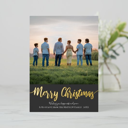 金ゴールドシンプルクリスマスファミリーフォトホリデー 箔シーズンカード (立ち正面)