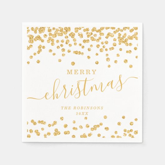 金ゴールドシンプルクリスマスホリデーズグリッターホワイト スタンダードカクテルナプキン (正面)