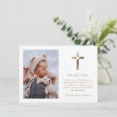 金ゴールドシンプルクロスとハート写真バプテスマ サンキューカード (スタンド正面)