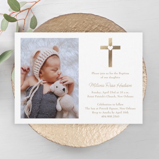 金ゴールドシンプルクロスとハート写真バプテスマ 招待状