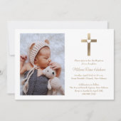 金ゴールドシンプルクロスとハート写真バプテスマ 招待状 (正面)