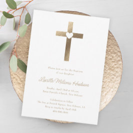 金ゴールドシンプルクロスとハート洗礼 招待状
