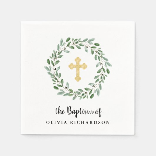 金ゴールドシンプルクロスバプテスマ付き水彩緑地 スタンダードカクテルナプキン (正面)