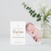 金ゴールドシンプルクロスホワイトカスタムベビーバプテスマ ポストカード (スタンド正面)